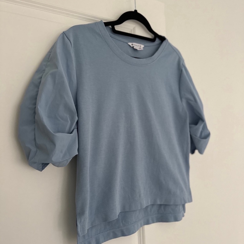 NEW Athleta women’s Harlow Hybrid Heron Blue color puff sleeve shirt top XXS XS - Picture 5 of 9